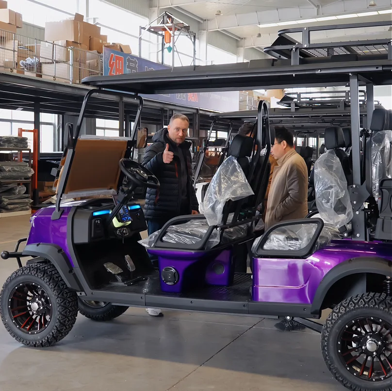Buyer inspection of a customized purple electric golf cart on the TONGCAI production floor