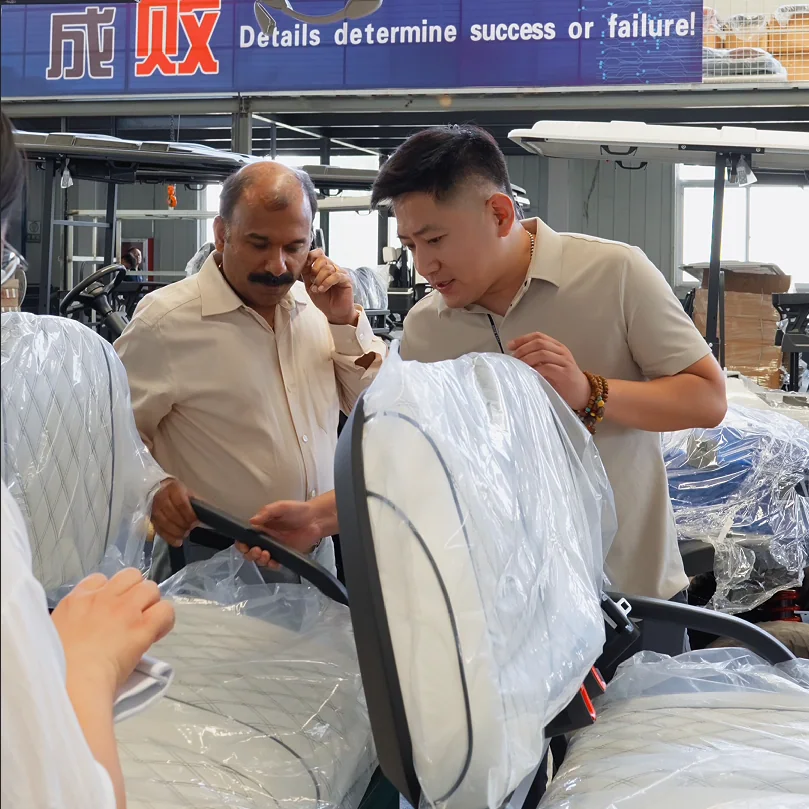 Buyer inspecting seat materials and vehicle finish quality