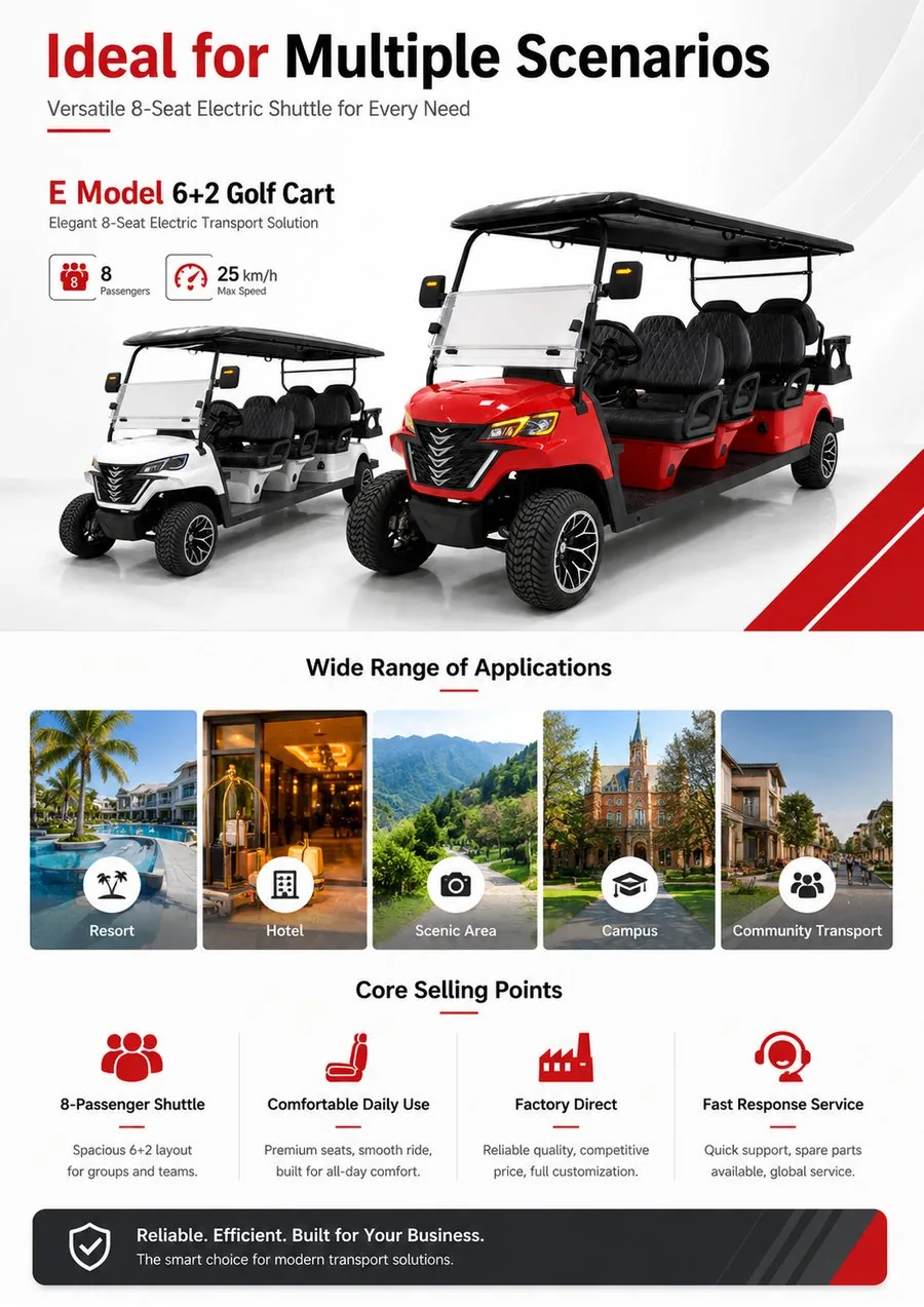 E Model 6+2 electric golf cart for resort shuttle and passenger transport