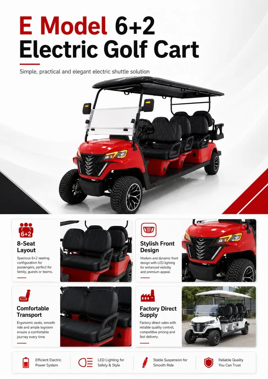E Model electric golf cart details seats enclosure and customization